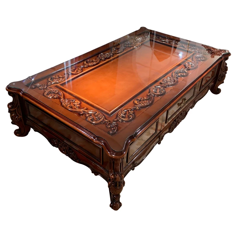 

European solid wood coffee table living room luxury large countertop engraved piano baking paint American villa glass retro furn