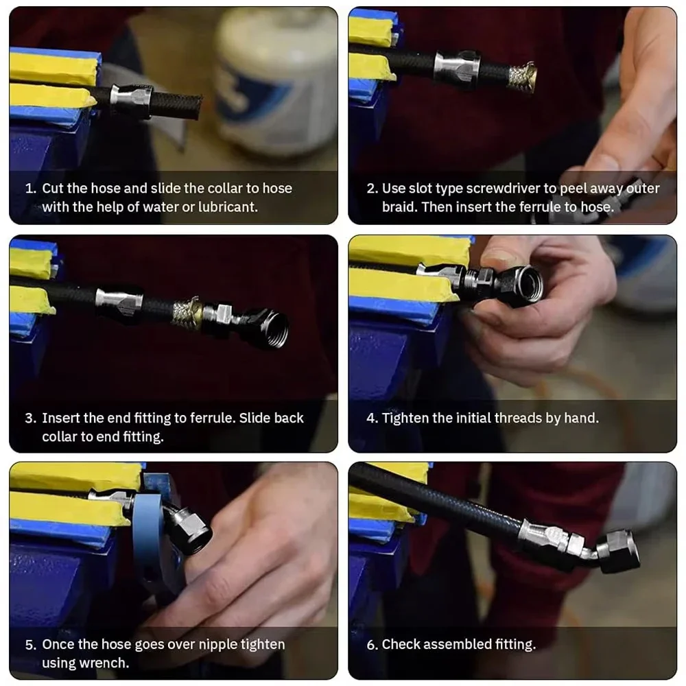 AN4/6/8/10 مستقيم 0 ° /45 ° /90 ° /180 °   درجة PTFE زيت الوقود قطب خرطوم نهاية تركيب خرطوم الزيت نهاية محول كيت أسود