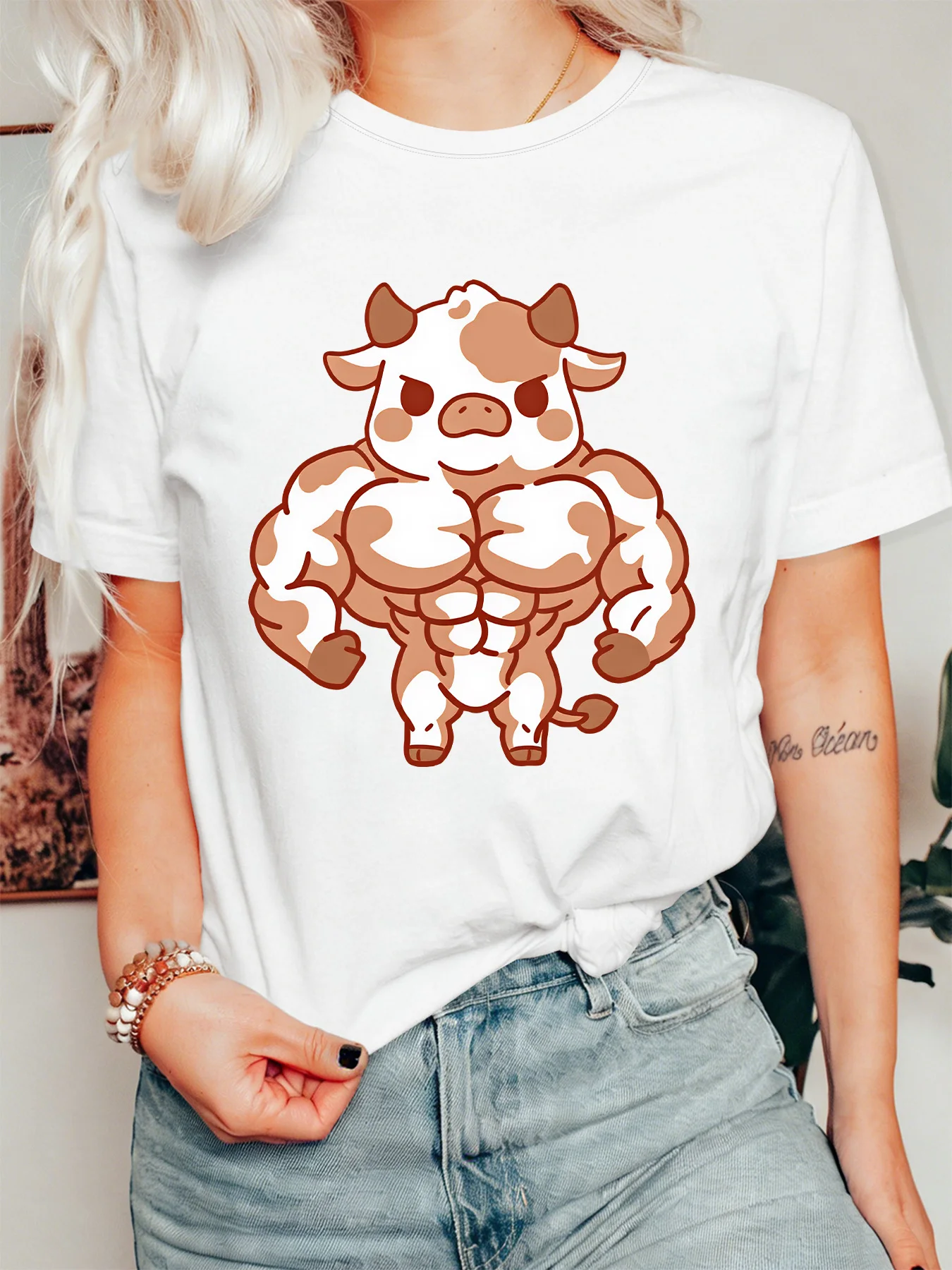Cute Muscular Cow Cartoon Womens Crew Neck Short Sleeve T Shirt Strong Beefy Animal Meme Playful Casual Graphic Tees For Ladies