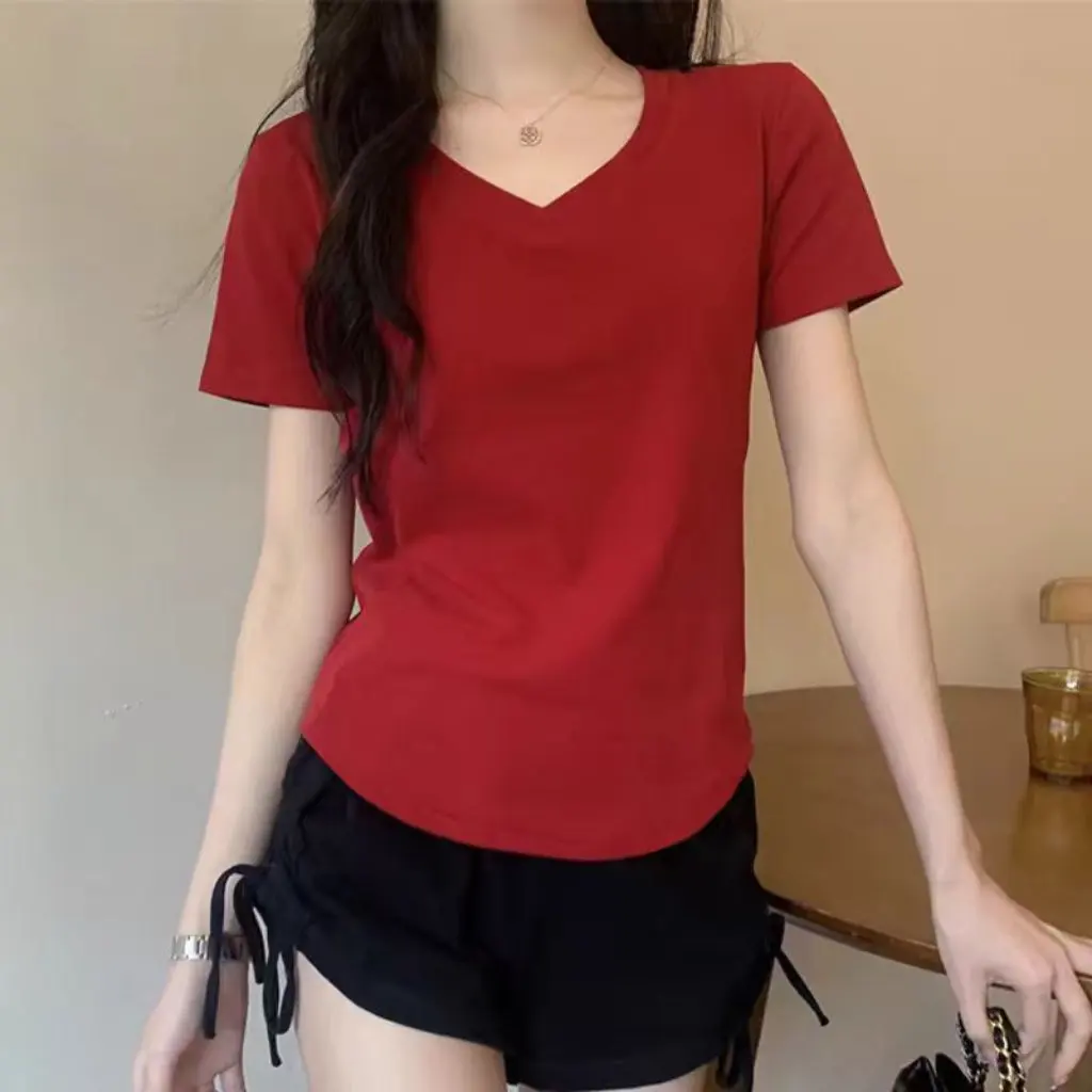 

Women's Slim Fit Cotton T-shirt V-neck Short-Sleeved Summer Top Curved Hem Slimming Tight Waist Casual Fashion