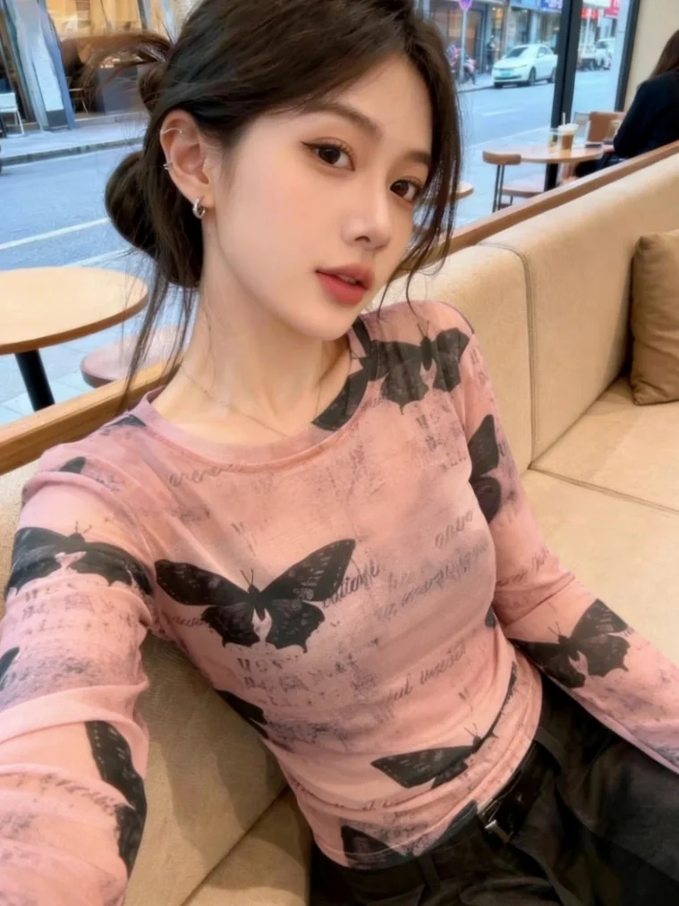 

Tie Dye Print Long Sleeve Mesh T Shirt Women Early Spring New Style Pure Desire Slim Fit Short Top Korean Version