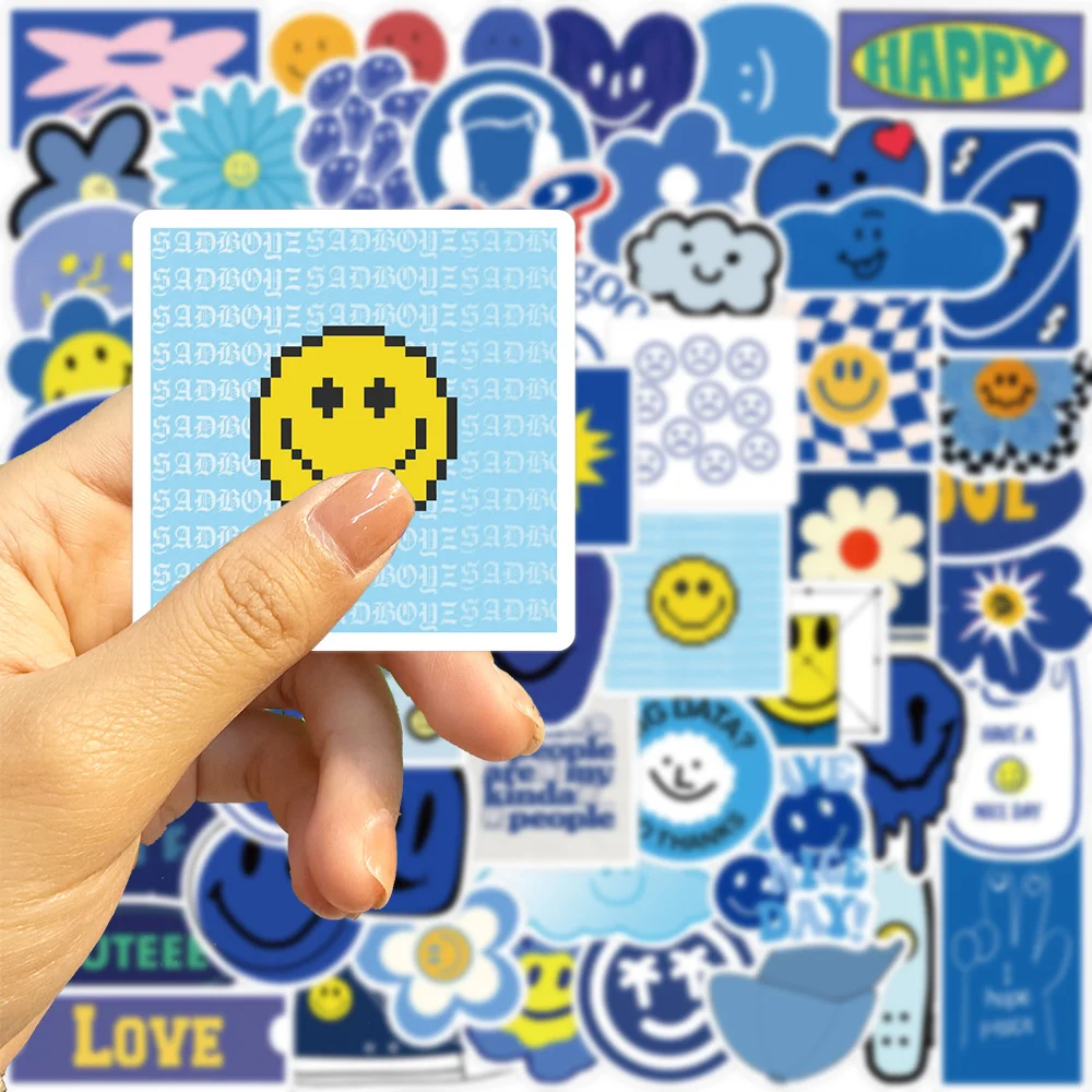 59pcs Blue Smiley Stickers For Suitcase Phone Stationery Scrapbook Scrapbooking Materiales Craft Supplies Vintage Smile Sticker