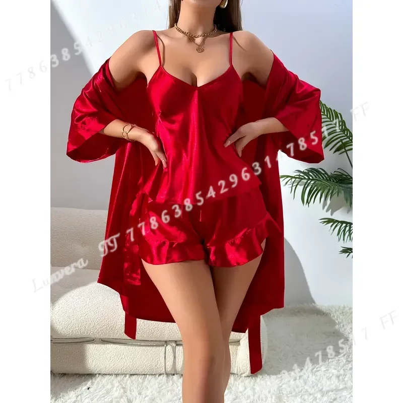 Autumn Women Sexy Pajama Set with Simple Robe 3 Piece Loungewear Fashion Sleepwear for Valentine Day