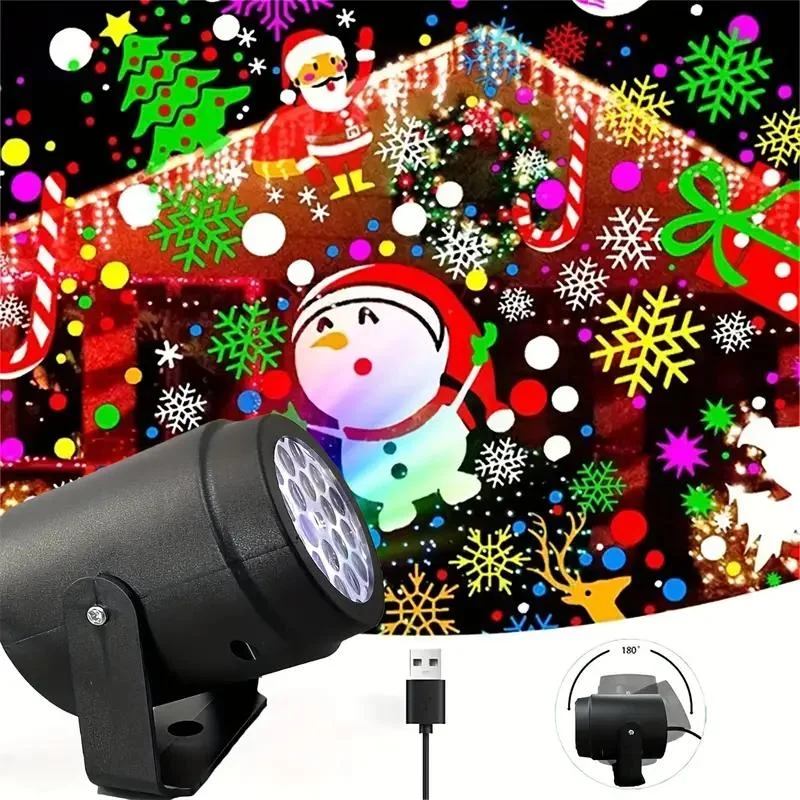 1pc LED Christmas/Snowflake Projection Light 16 Patterns USB Powered Projection Atmosphere Light Suitable for Christmas Parties