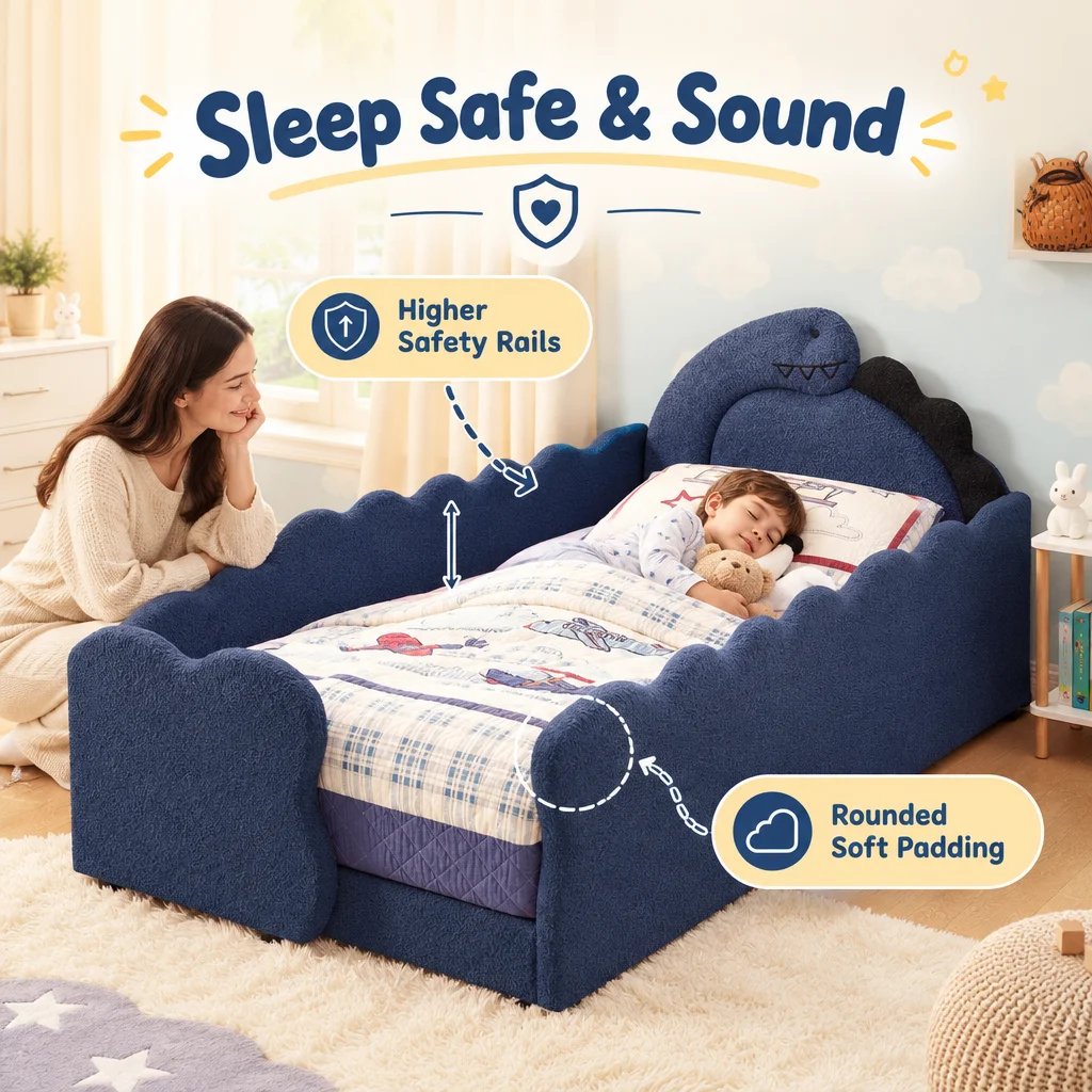 80 inch Kids Bed Dinosaur Shaped Toddler Bed Heightened Safety Guardrail Curly Fleece Upholstered Solid Wood Toddler Bed Frame for Children's Bedroom Small Apartments