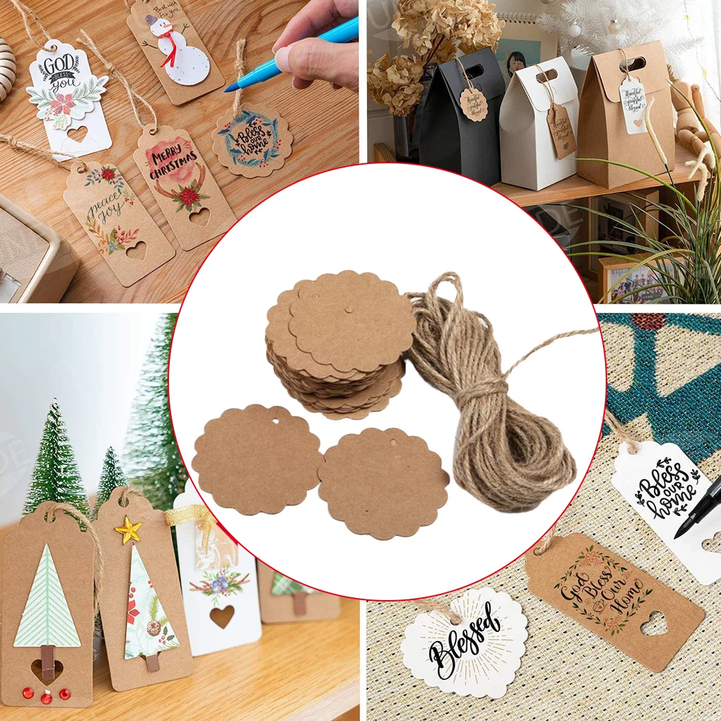 100Pcs Blank Kraft Paper Tag Hanging Hole Gift Label Diy Craft Paper with Hairy Twine