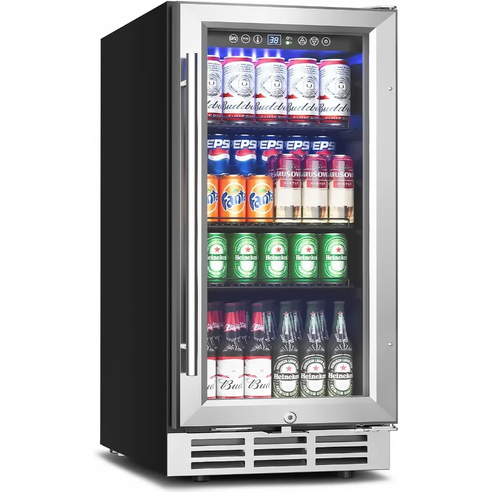 

15 Inch Beverage Refrigerator Under Counter - 126 Cans Beverage Fridge with Glass Door for Beer Wine Soda - Built-in or Freestan