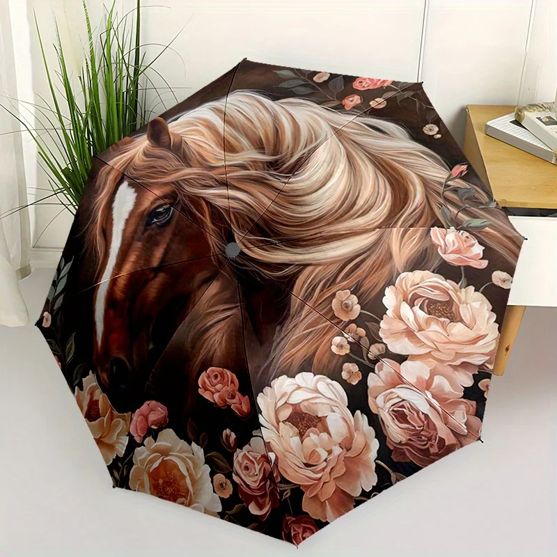 

1pc Elegant Horse Portrait & Floral Frame Automatic Folding Umbrella - 8-Rib Compact Lightweight Retractable Travel Umbrella,