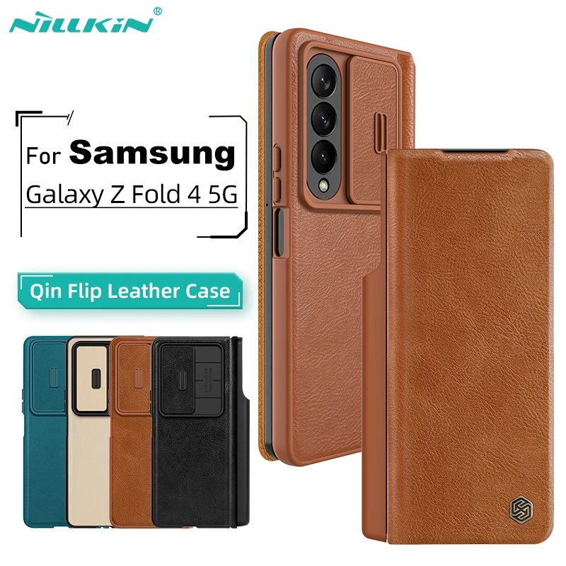 

Retro Camshield Flip Case For Samsung Galaxy Z Fold 4 NILLKIN Qin Leather Kickstand With S-Pen Pocket Slot Slide Camera Cover