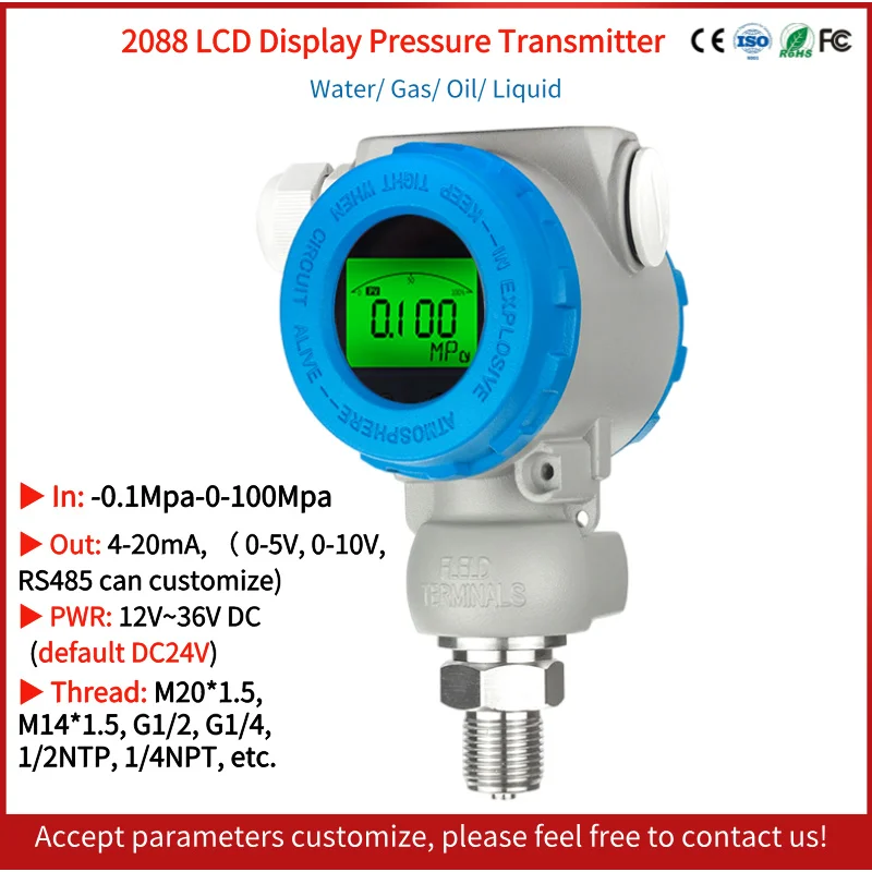 

Digital Pressure Transmitter 4-20mA Hart M20*1.5 Pressure Transducer 0-10V RS485 Modbus Pressure Sensor Transducer Transmitter