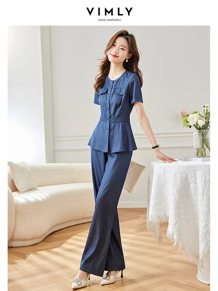 Vimly Lmitation Denim Two Piece Set Women Summer Outfit Casual Elegant Matching Sets Peplum Blouses Wide Straight Mop Pant V9790