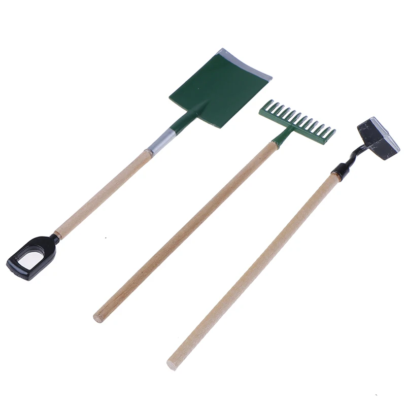 3psc/conjunto de ferramentas de ancinho de pá de jardim de metal para acessórios em miniatura de casa de bonecas