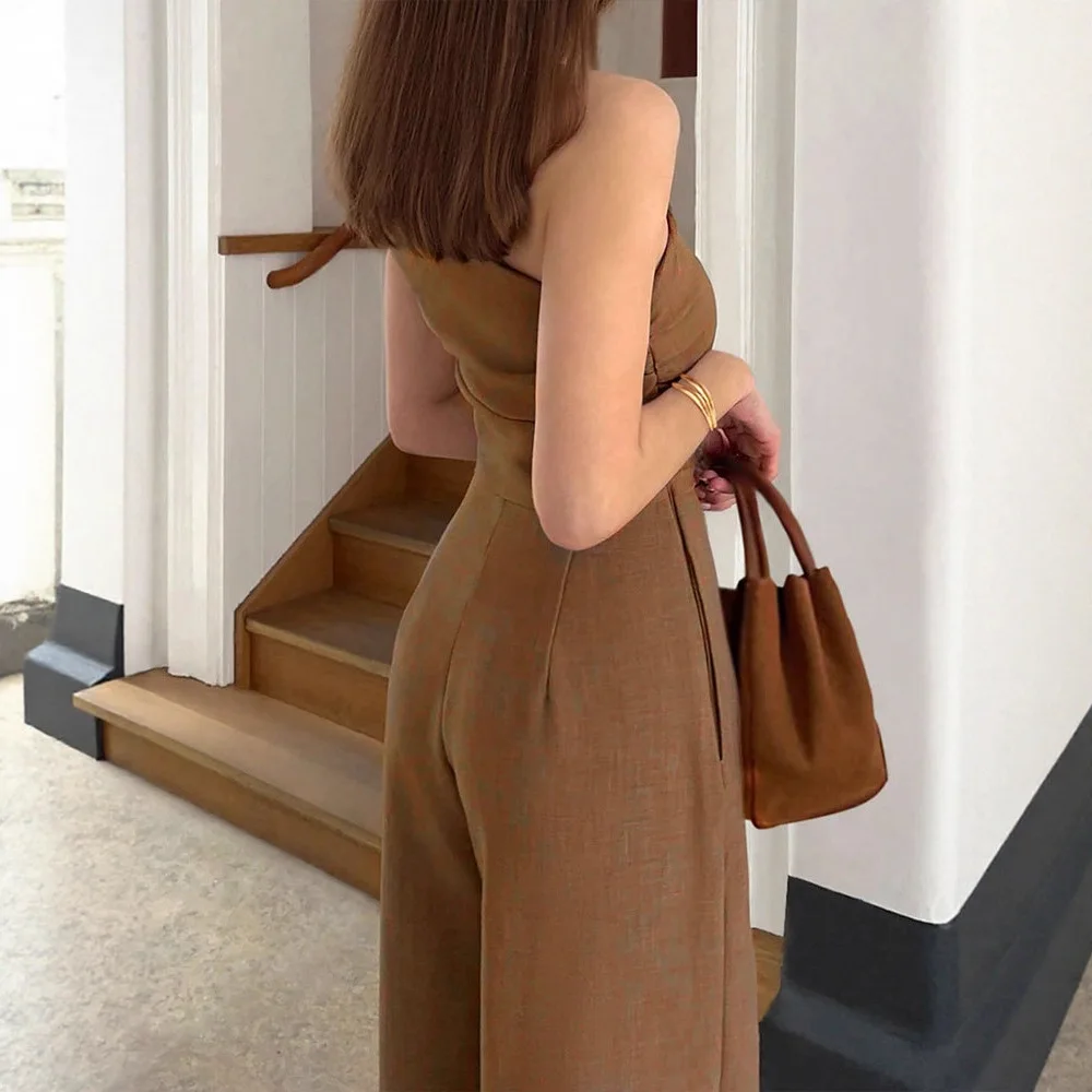 Elegant High-Waisted Long-Legged One-Piece Suit Sexy Diagonal Shoulder Comfortable Fit Polyester Fiber Spring Season Chinese ...