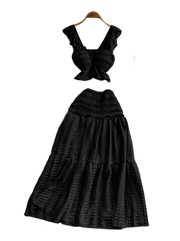 

Летняя женская плиссированная юбка-миди с высокой талией и топ на бретельках, комплект из двух предметов, розовый топ и юбка с конвертом