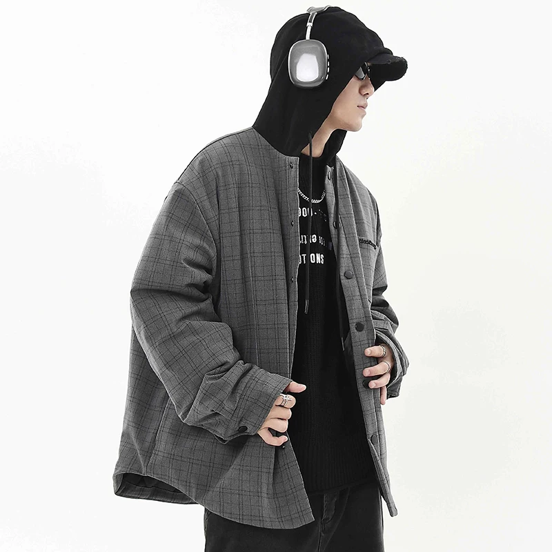 PFNW American Vintage Splicing Plaid Parkas Jacket Men's  Winter Thickened Loose Hooded Cardigan Cotton-padded Coat Tide CPG2201