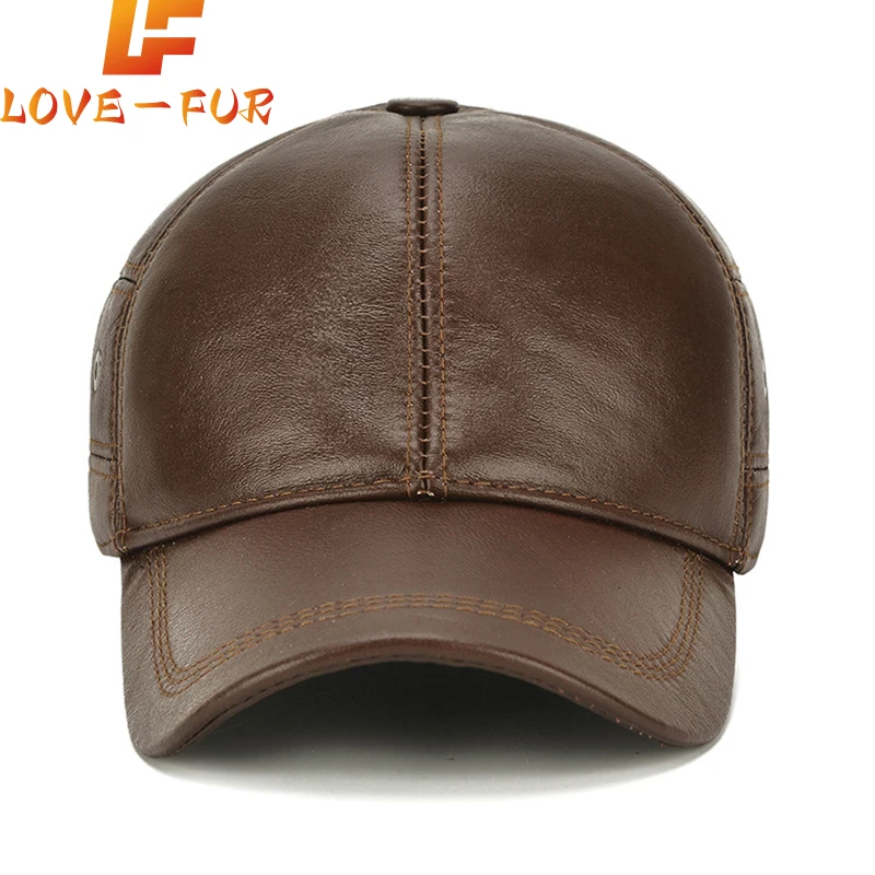 2024 New Style Men Cowhide Hat Winter Warm Outdoor Protect Ear Real Leather Adjustable Baseball Cap Men Real Cowhide Leather Cap