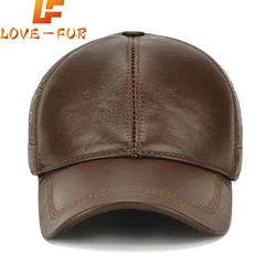 2024 New Style Men Cowhide Hat Winter Warm Outdoor Protect Ear Real Leather Adjustable Baseball Cap Men Real Cowhide Leather Cap