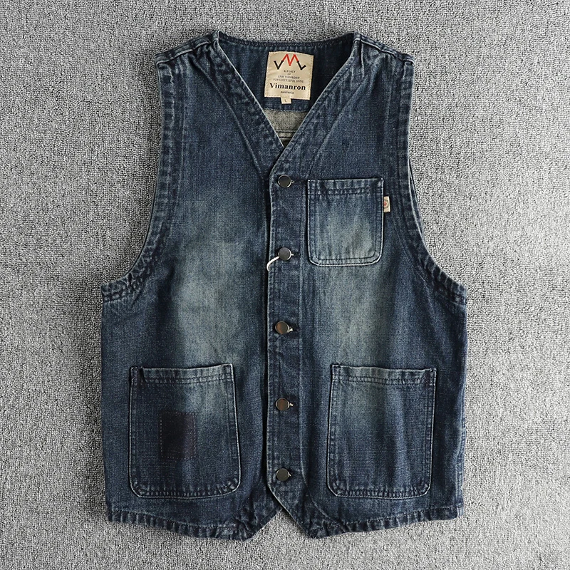 

Spring Fall Fashion Men's Solid Color High Quality Simple Sleeveless Denim Vest Multi-pocket Casual Loose Cotton Retro Waistcoat