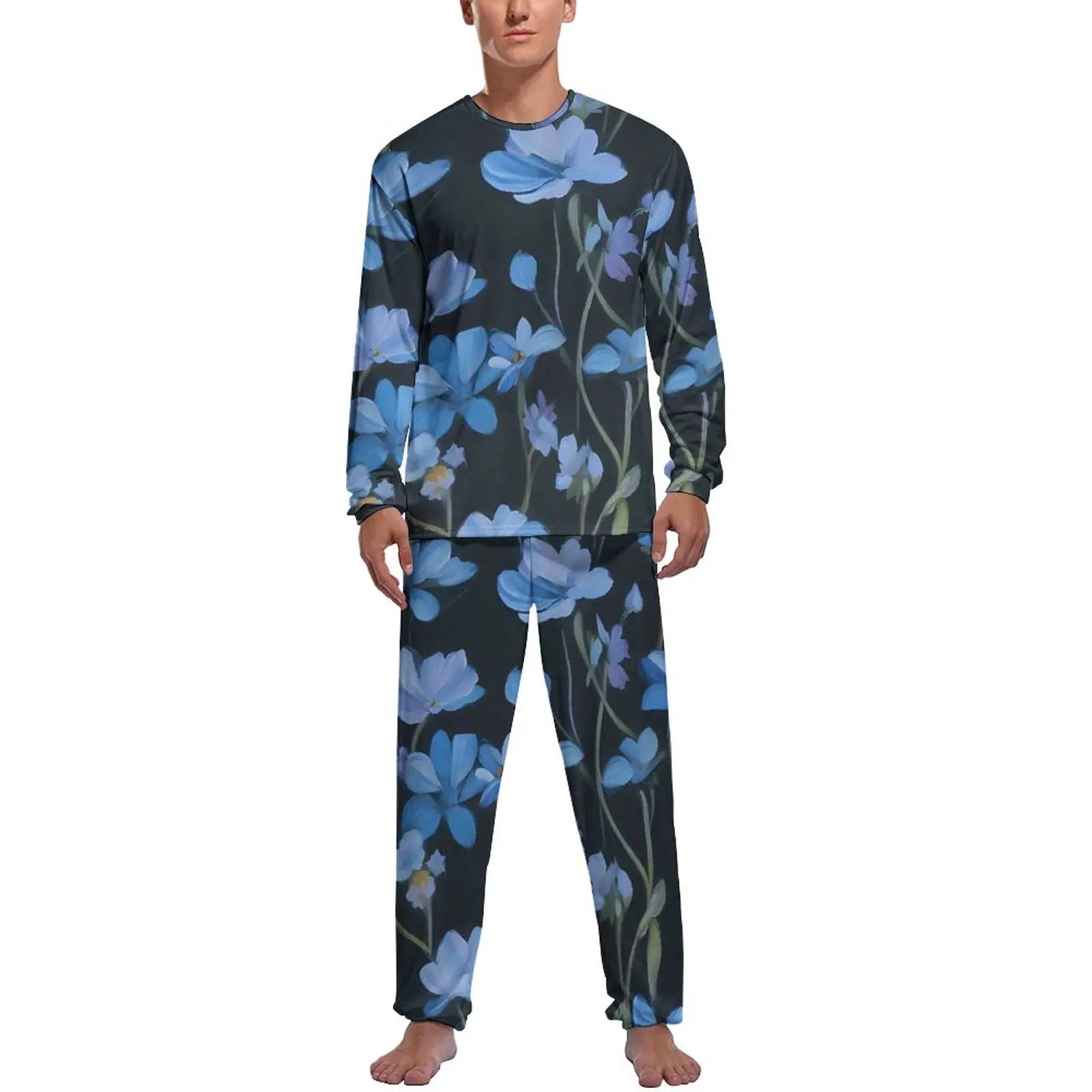 Blue Floral Pajamas Winter 2 Piece Elegant Flowers Fashion Pajama Sets Man Long Sleeves Casual Custom Nightwear