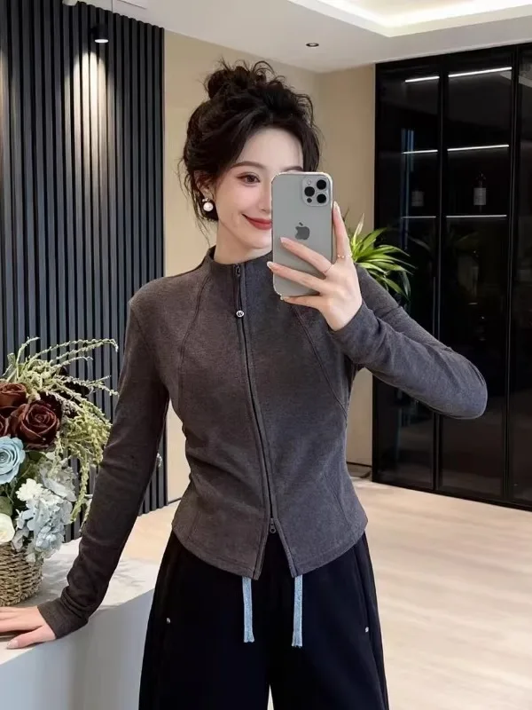 

Женская удлиненная толстовка на двойной молнии, облегающая, базовая, для носки под одеждой, на раннюю весну, больших размеров, модный топ