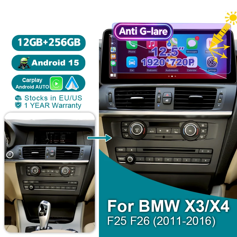 Wondefoo 12 G256G Android 15 Auto Wireless Carpaly Car Radio 1920*720P Screen Stereo 2 DIN For BMW X3 F25 X4 F26 CIC NBT 2011-2016 Bluetooth Accessoriy Multimedia Player Navigation Autoradio GPS 4G BT
