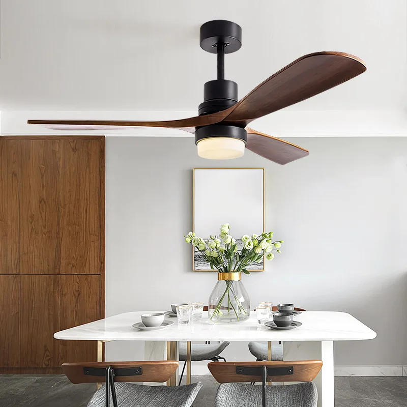 Fan lamp American straight leaf 52 inch cross-border solid wood ceiling fan light living room dining room inverter silent