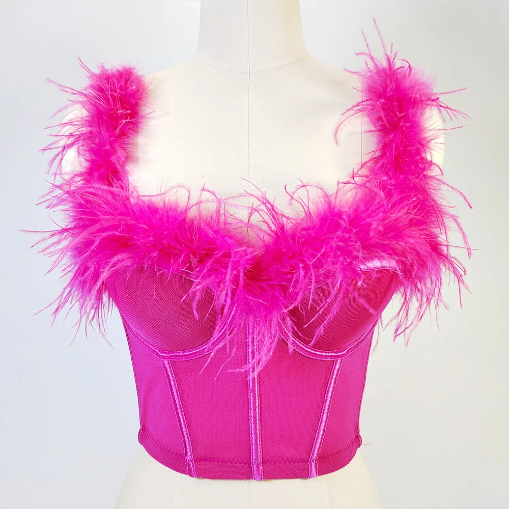 Ostrich fur Bustier Bra Women Sexy Backless Cropped Top Carnival Feather Camisole Female nightclub party Tank Tops Y4548