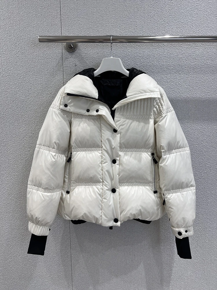 

Winter fashion white down jacket. Women's casual loose hooded collar single-breasted button long-sleeved down jacket.