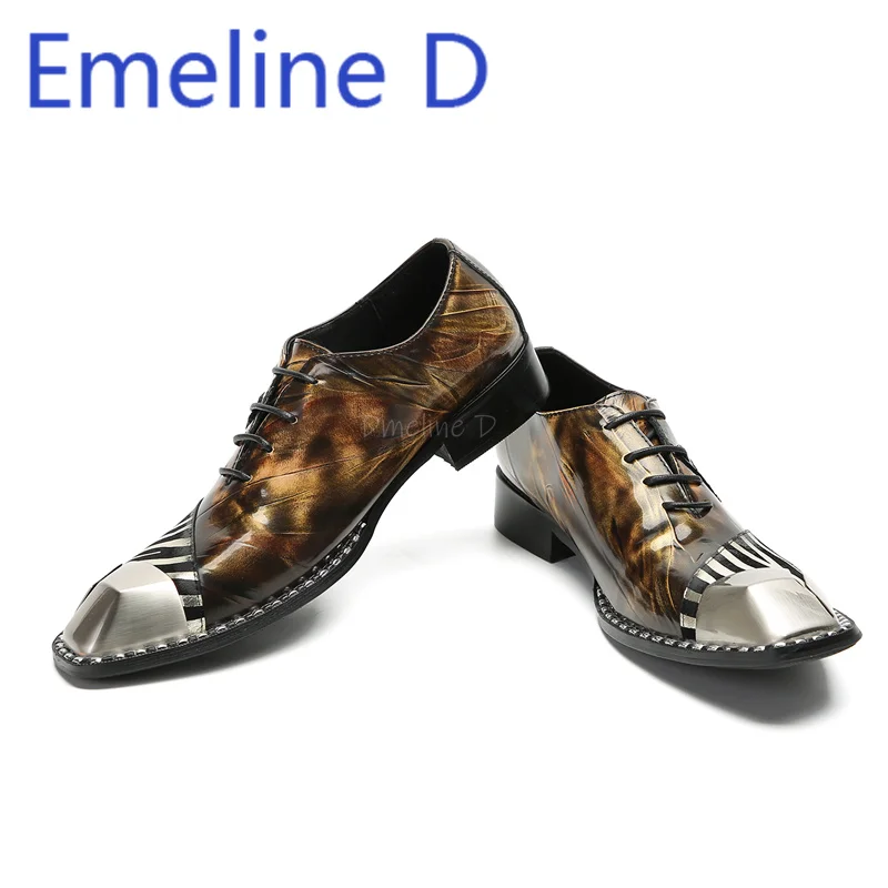 

Formal Business Leather Shoes Fashionable Iron Square Toe Shoes Spliced Trendy Banquet Casual Comfortable Lace Up Flat Shoes