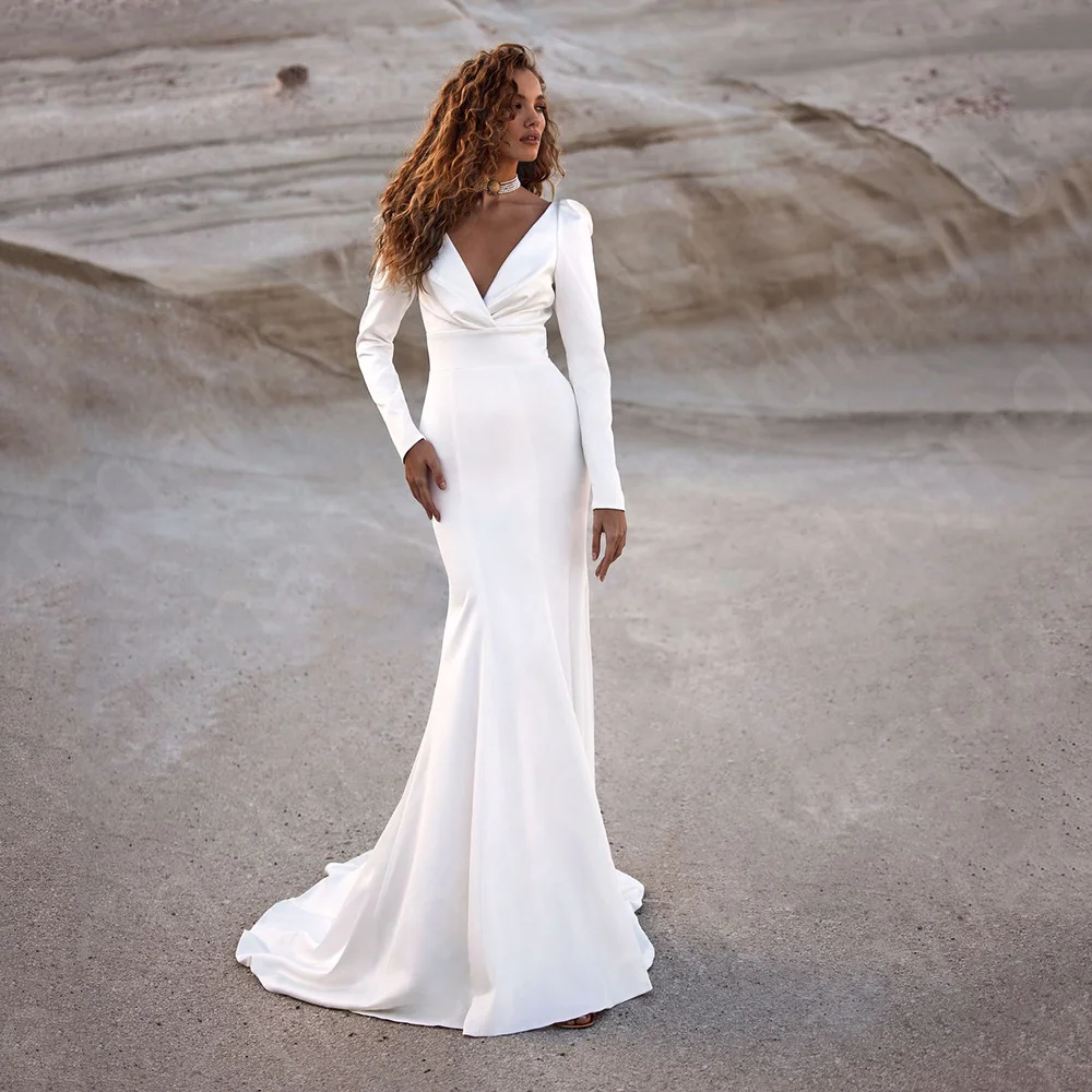 

Simple Modern Wedding Dresses White Mermaid Bridal Gowns 2024 Long Sleeves Wedding Gowns V Neckline Robe de mariée Affordable