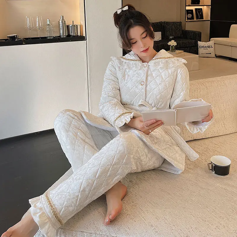 New Three Layers of Laminated Cotton Thickened Warm Outside Wear Home Clothing Gold Diamond Velvet Extra Thick Pajamas Luxury