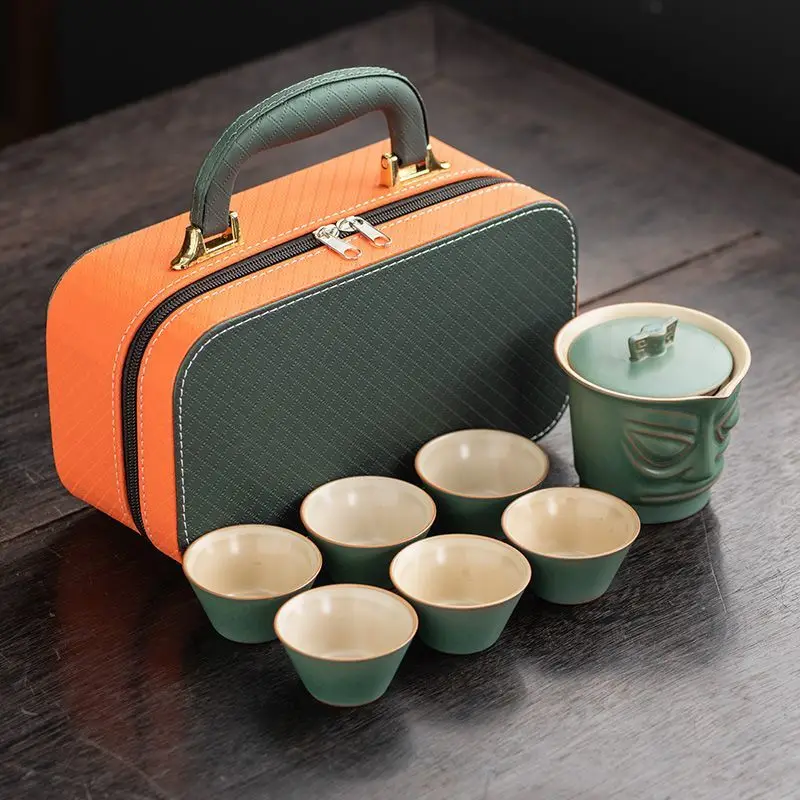 Chinese Style Retro Sanxingdui Portable Ceramics Travel Tea Set Outdoor Tea Maker Minute Maid Cup Gaiwan Ashtray