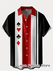 Men Summer Poker Symbol Stripe Print Shirt Casual Beach Short Sleeve Clothing Male Button Lapel Collar Fashion Leisurewear