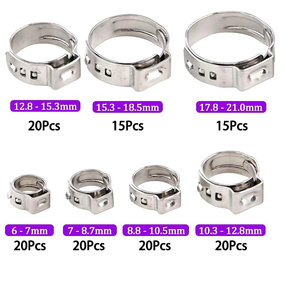 130 Stück 7 Größen Einzelohr-Schlauchschellen aus Edelstahl mit Ohrklemmenzange, 7–21 mm stufenloses Cinch-Ring-Crimp-Sortiment-Set – Detail 2