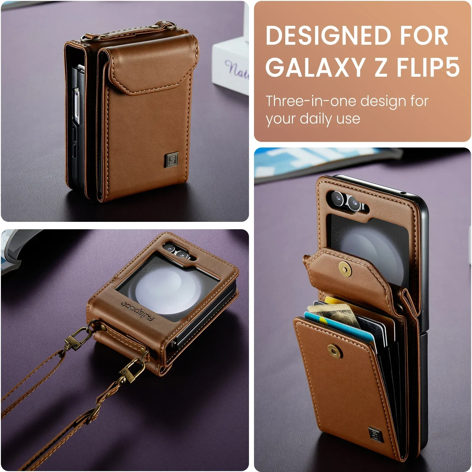 Cards Solt Wallet Crossbody Lanyard Leather Case For Samsung Galaxy Z Flip 6 5 Flip5 Flip6 Purse Pocket Shoulder Strap Bag Cover