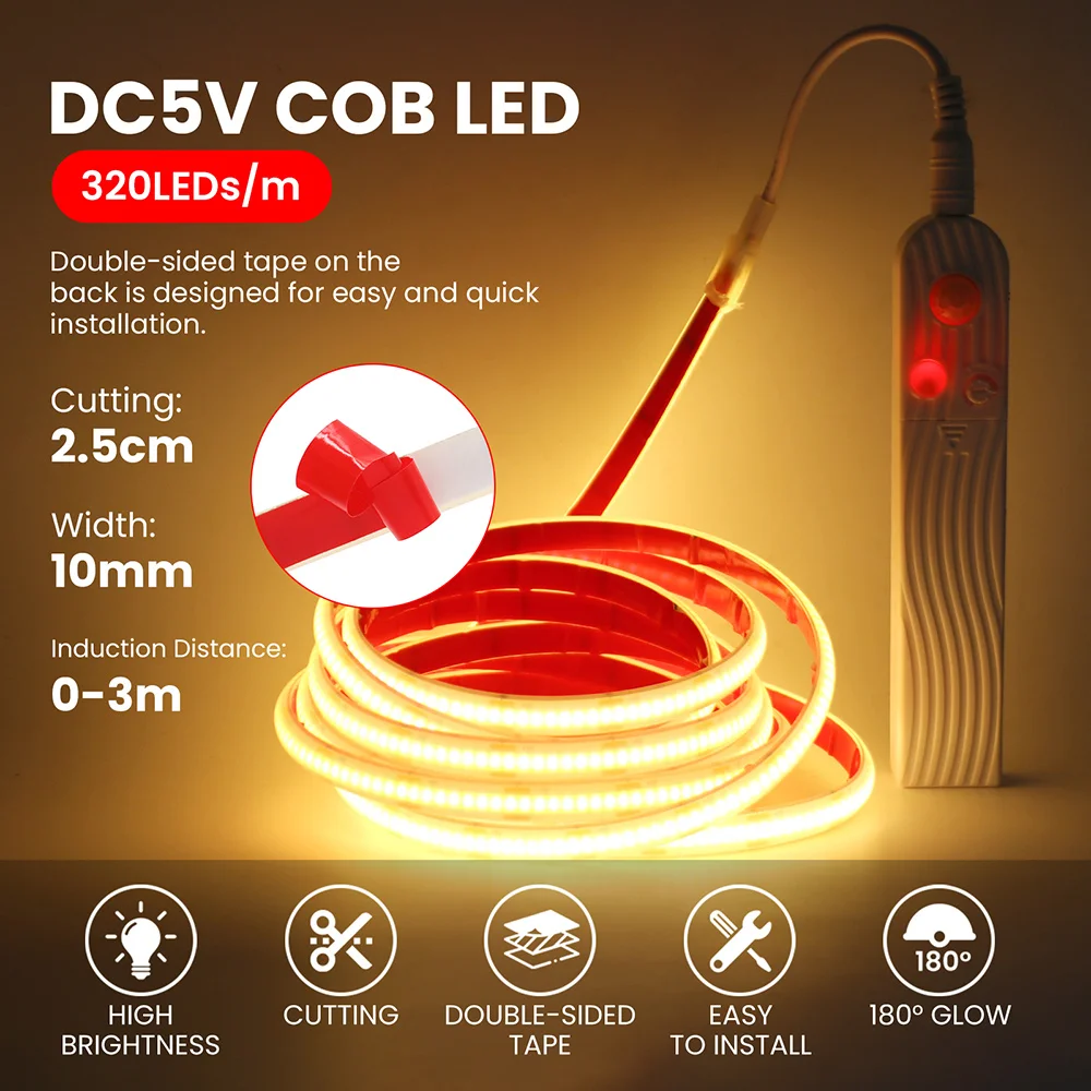 IP68 방수 COB Led 스트립 라이트 모션 센서 5V 배터리 USB 전원 자동 ON/OFF 캐비닛 주방 계단 라이너 조명