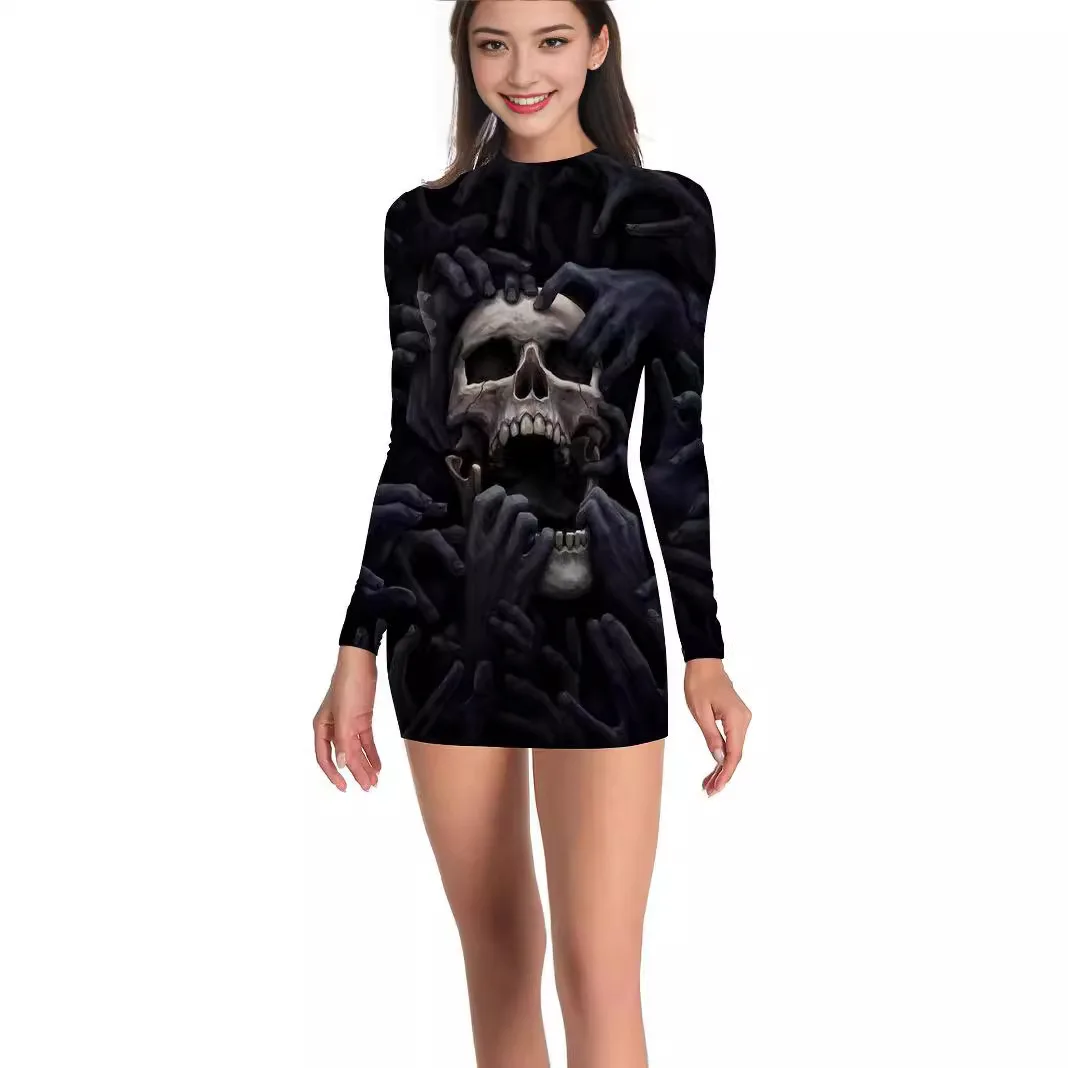 Halloween SkullPumpkin Print Mini Dress Casual Holiday Female Sexy Long Sleeve Slim Dress Carnival Party Outfits S-2XL