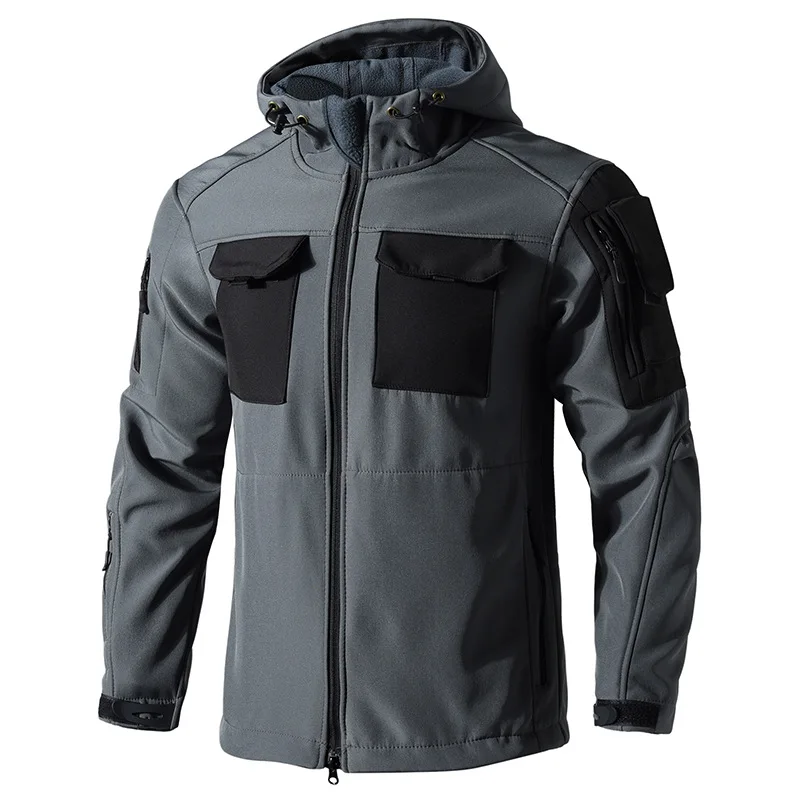 Men Waterproof Soft Shell Tactical Jacket Muti-Pocket Fleece Warm Camping Hunting Hooded Coat Outdoor Military Fan Cargo Jacket