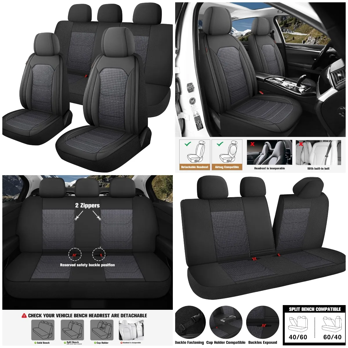 

Premium PU Leather & Flannel Car Seat Covers, Universal Fit for 5-Seat Sedan, SUV, Truck - Black/Grey