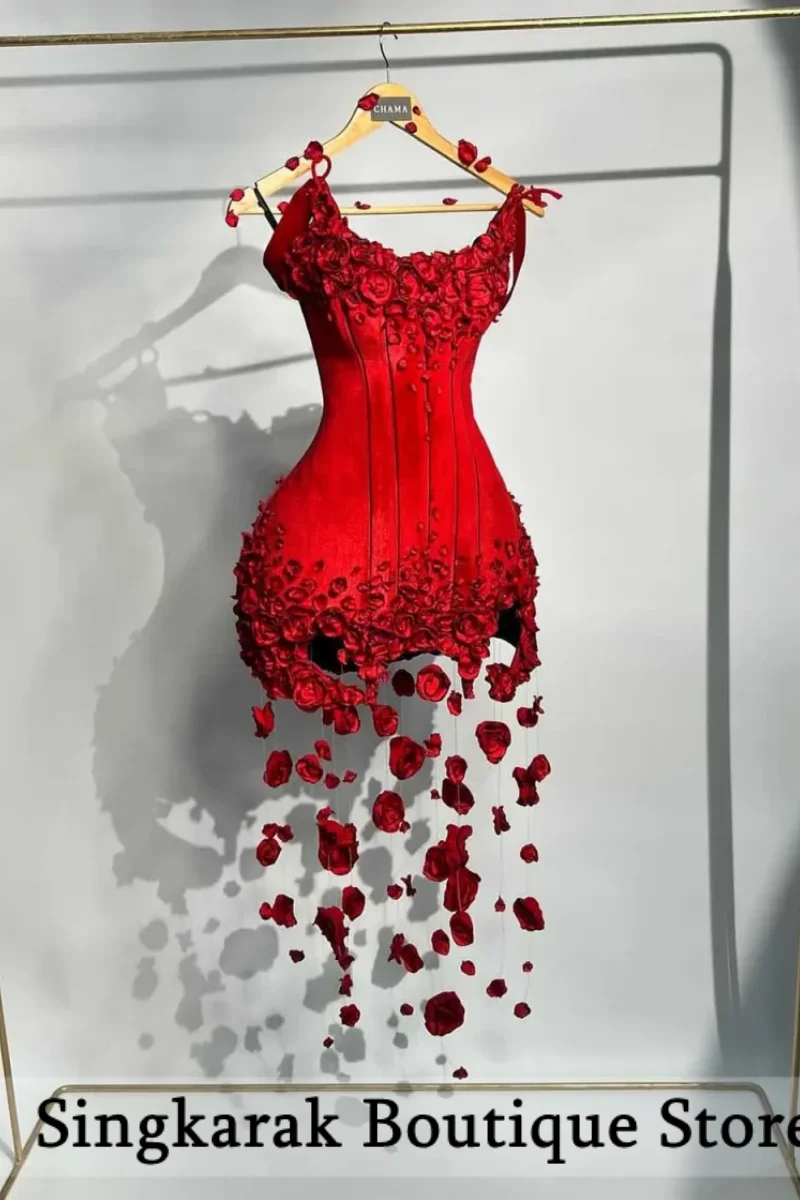 Cute Red Prom Dresses 2026 Black Girl Boning Draped Floral Cocktail Dress Sheath Sexy Homecoming Party Gowns Flowers Customized view 3