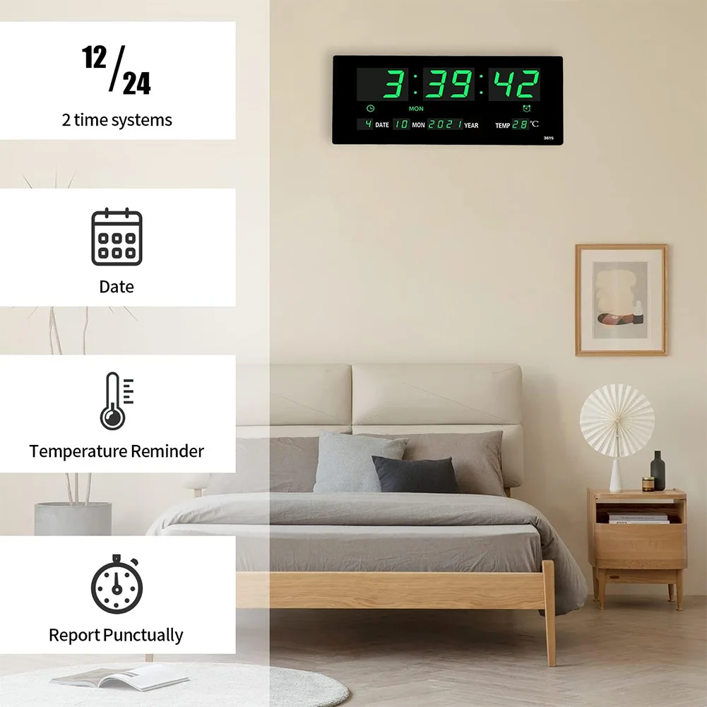 Digital Alarm Clock Bedside Alarm Clock Temperature/Date Display Boarderless Wall-mounted Clock Multifunctional for Home Office