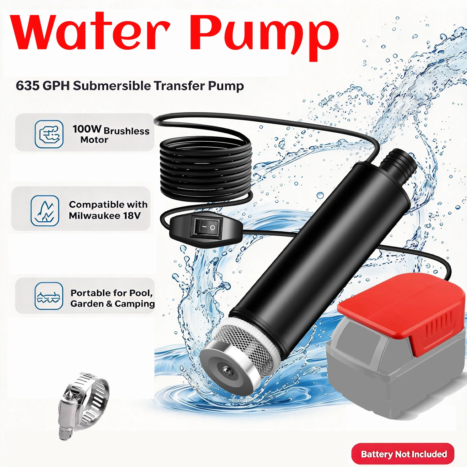 Portable Submersible Transfer Water Pump For Milwaukee 18V Li-ion Battery, 635GPH Sump Pump for Pond Camping Flood Drainage