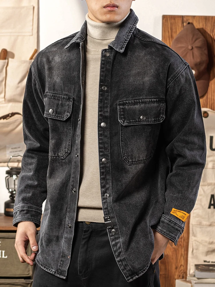

American Retro Men's Denim Jaet Mid-Length Workwear Coat Spring New Sle Turn-down Collar Heavyweight Loose irt