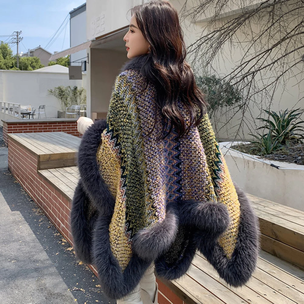 Winter Warm Coat Shawl Faux Fur Coat Women Outerwear Faux Fox Fur Long Cape Wraps Furry Fluffy Luxury Fur Trim Cloak Loose Coat