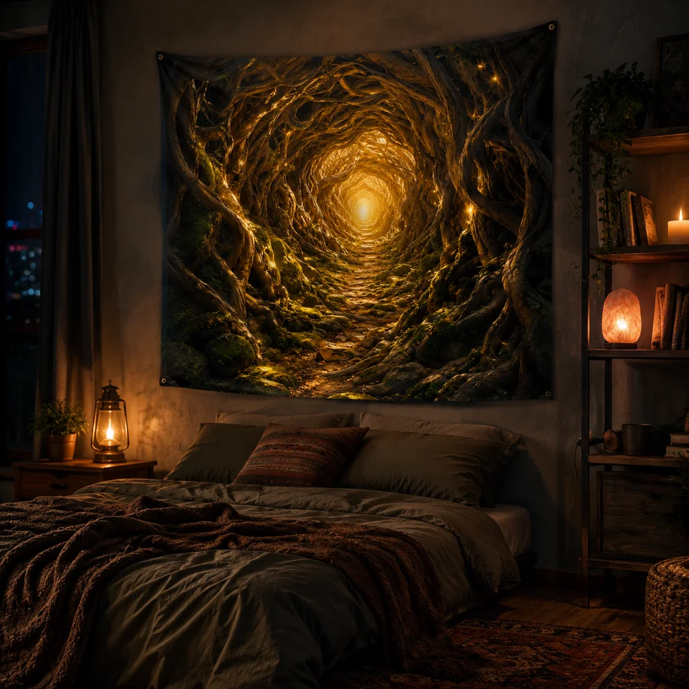 Mystical Forest Tunnel Tapestry – Glowing Tree Root Pathway Wall Hanging for Bedroom Living Room Fantasy Nature Boho Decor
