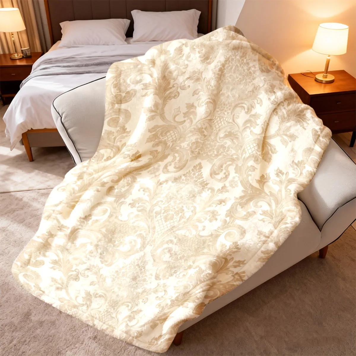 1pc Ornate Cream Beige Damask Scroll Pattern Flannel Sofa Blanket Anti-Fade, Breathable, Machine Washable Experience The Ultimat