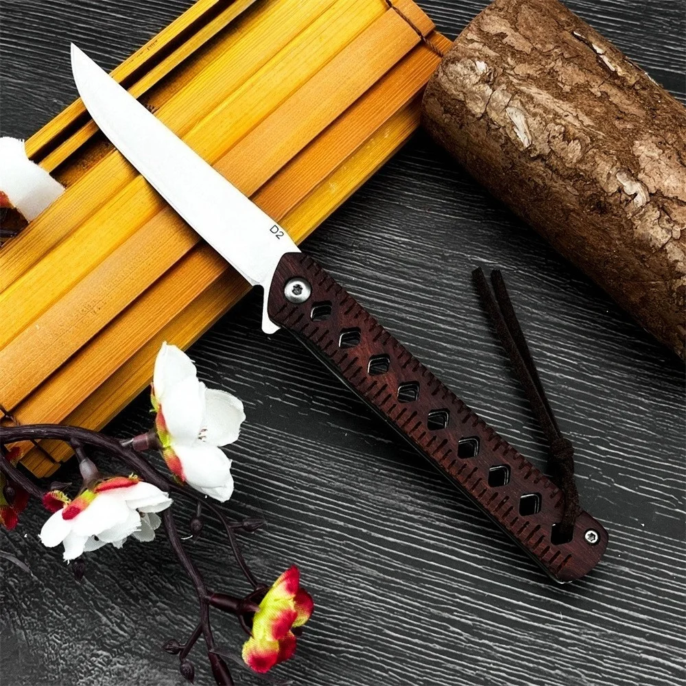 Cuchillo plegable portátil con mango de madera, cuchillo para escalada y pesca al aire libre, herramienta multifuncional, hoja D2, mango de palisandro