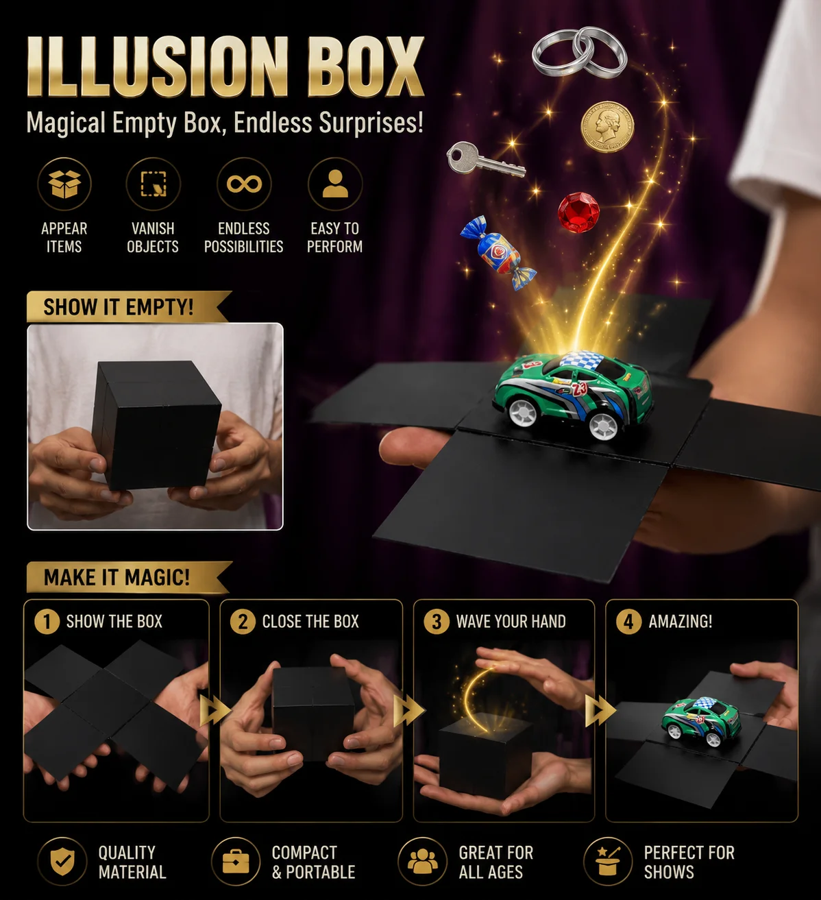 Illusion Box Magic Trick Set – Foldable Cube Surprise Box for Vanishing & Appearing Small Objects, Includes Mini Car, Easy Stage