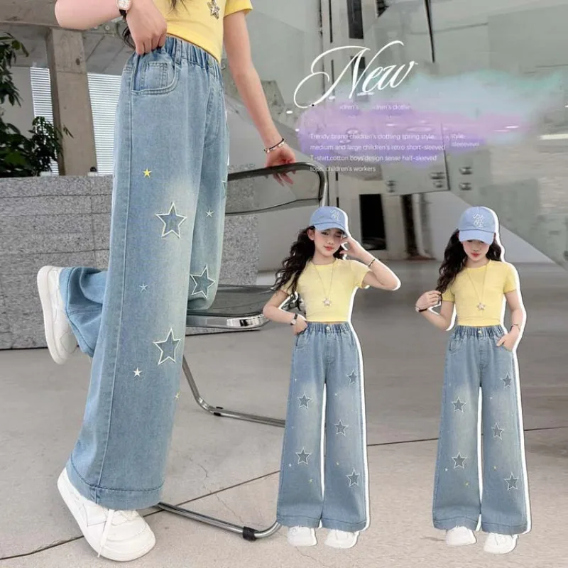 UNITIM Children Girl Jeans Summer Retro Star Printed Junior Girls Denim Pant Loose Elastic Waist 4-14Y Teens Girls Straight Pant