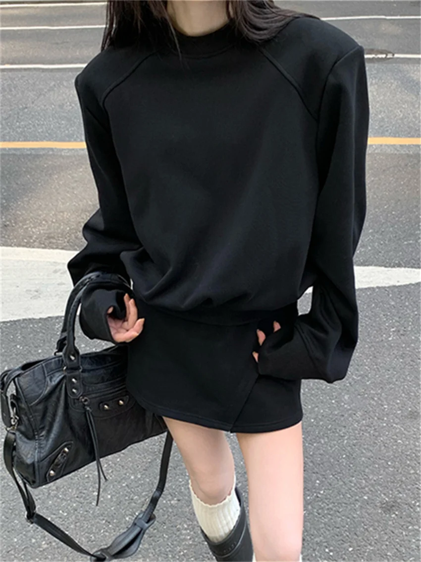 PLAMTEE Solid Loose Sweatshirts Women Thicken Plush Sets Party Mini Casual Skirts Daily Spring Office Lady High Street Elegant